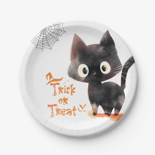 かわいい黒猫のトリックまたはトリートメントハローウィンパーティ ペーパープレート (正面)