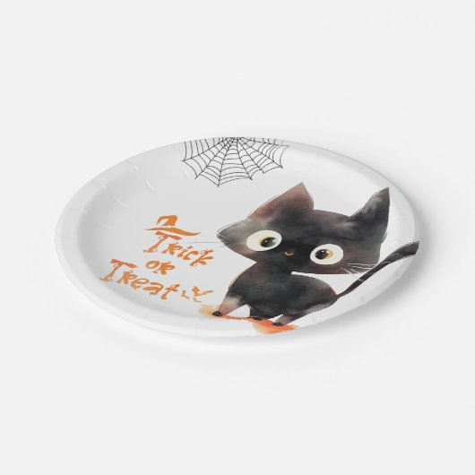 かわいい黒猫のトリックまたはトリートメントハローウィンパーティ ペーパープレート (アングル)