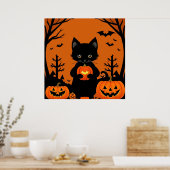 かわいい黒猫のハロウィンカボチャのスプーキー ポスター (キッチン)