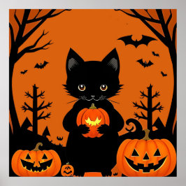 かわいい黒猫のハロウィンカボチャのスプーキー ポスター