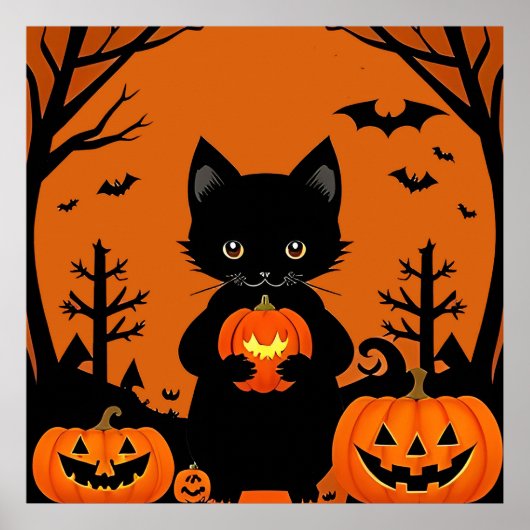 かわいい黒猫のハロウィンカボチャのスプーキー ポスター (正面)