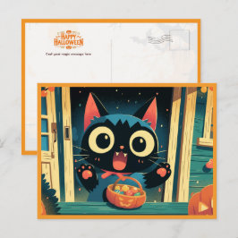 かわいい黒猫のハロウィントリックオアトリート シーズンポストカード