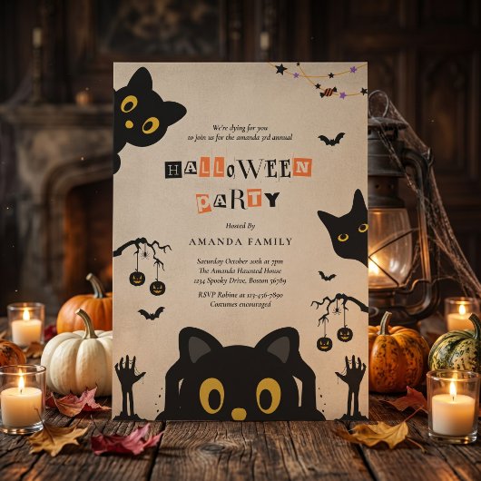 かわいい黒猫のハロウィンパーティー招待状 招待状