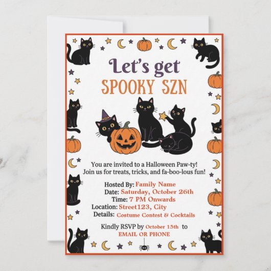 かわいい黒猫のハロウィンパーティー招待状 Spooky SZN 招待状 (正面)