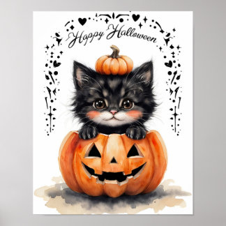 かわいい黒猫のハロウィンポスター | パンプキンジャックオーランタン ポスター