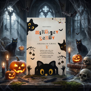 かわいい黒猫のハロウィン誕生日 招待状