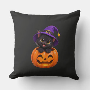 かわいい黒猫のハロウィン魔女のパンプキンステッカー彼女 クッション