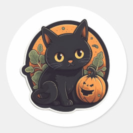 かわいい黒猫のハロウィン・ジャックオーランタン ラウンドシール