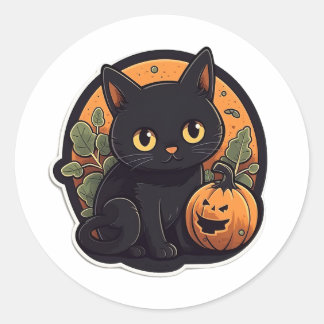 かわいい黒猫のハロウィン・ジャックオーランタン ラウンドシール
