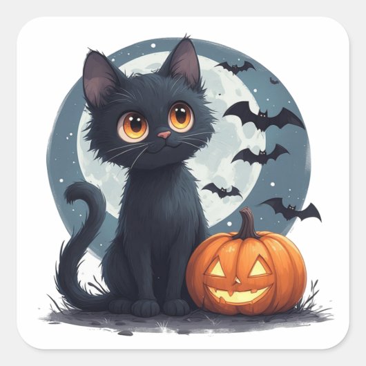 かわいい黒猫のハロウィン🎃 スクエアシール (正面)