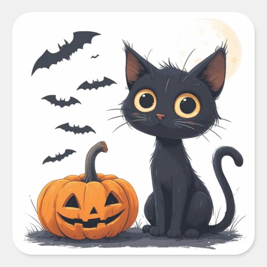 かわいい黒猫のハロウィン🎃 スクエアシール (正面)