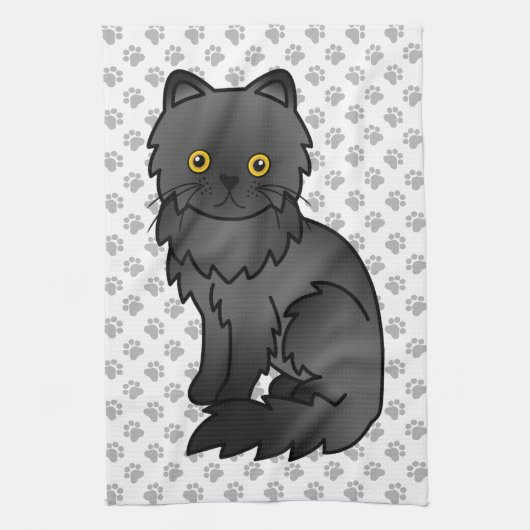 かわいい黒猫のペルシャ風イラスト キッチンタオル (縦)