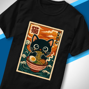 かわいい黒猫のラーメン Retro Japanese Wave Tシャツ