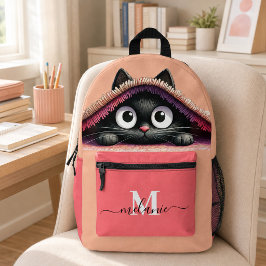 かわいい黒猫の仔猫 ピーチピンク オーダーネーム プリントバックパック