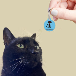 かわいい黒猫の名前入りIDタグ 青 ペット ネームタグ