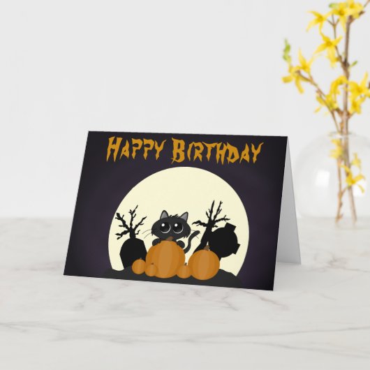 かわいい黒猫の墓地ハロウィン誕生日 カード (黄色い花)