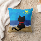 かわいい黒猫の夏の海のビーチのテーマの枕 クッション (ブランケット)