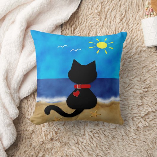 かわいい黒猫の夏の海のビーチのテーマの枕 クッション (ブランケット)