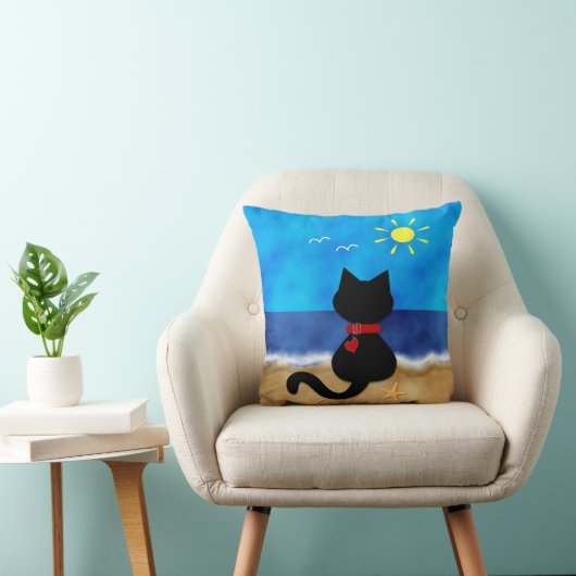 かわいい黒猫の夏の海のビーチのテーマの枕 クッション (椅子)