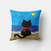 かわいい黒猫の夏の海のビーチのテーマの枕 クッション (裏面)