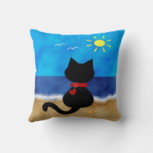 かわいい黒猫の夏の海のビーチのテーマの枕 クッション (裏面)