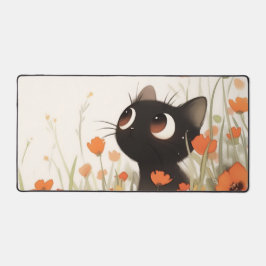 かわいい黒猫の大きな目 オレンジ色のポピー花畑 デスクマット