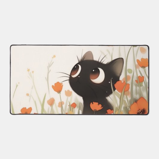 かわいい黒猫の大きな目 オレンジ色のポピー花畑 デスクマット (正面)
