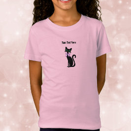 かわいい黒猫の女の子 ピンクの蝶ネクタイ 緑の目 Tシャツ