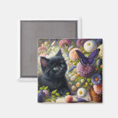 かわいい黒猫の子猫と紫色の蝶の花柄 マグネット (正面/裏面)