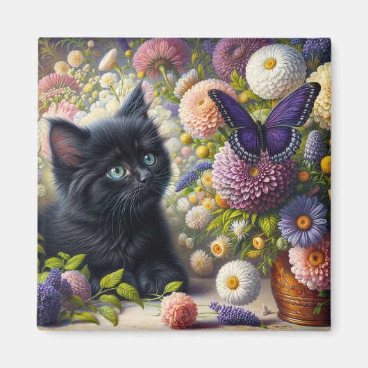 かわいい黒猫の子猫と紫色の蝶の花柄 マグネット (正面)