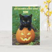 かわいい黒猫の子猫のハロウィンソンのお祝い カード (黄色い花)