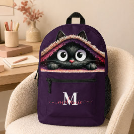 かわいい黒猫の子猫 紫色のカスタムネーム プリントバックパック