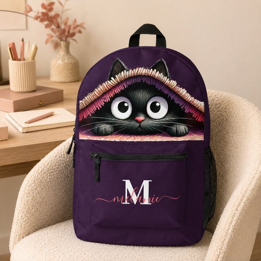 かわいい黒猫の子猫 紫色のカスタムネーム プリントバックパック