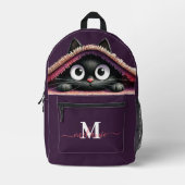 かわいい黒猫の子猫 紫色のカスタムネーム プリントバックパック (正面)