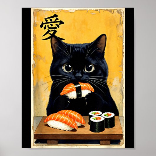かわいい黒猫の寿司食べるおもしろ日本語デザイン ポスター (正面)