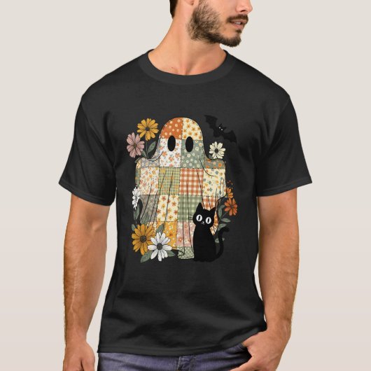 かわいい黒猫の幽霊パッチワークハロウィンコスチュームW Tシャツ (正面)