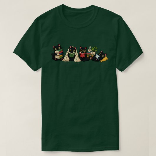 かわいい黒猫の本の読み手イラスト Tシャツ (デザイン正面)