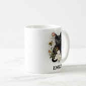 かわいい黒猫の水彩花 名前入り コーヒーマグカップ (正面右)