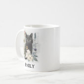 かわいい黒猫の水彩花 名前入り コーヒーマグカップ (正面左)