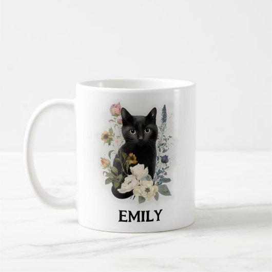 かわいい黒猫の水彩花 名前入り コーヒーマグカップ (左)