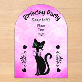 かわいい黒猫の緑の目とピンクのリボンの誕生日 アクリル招待状 (正面)