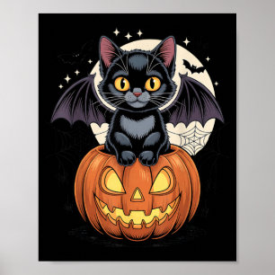 かわいい黒猫の羽根のあるジャック・オ・ランタン ポスター