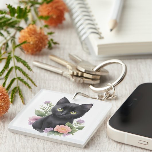 かわいい黒猫の花柄ファンタジー キーホルダー (正面右)