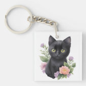 かわいい黒猫の花柄ファンタジー キーホルダー (正面)