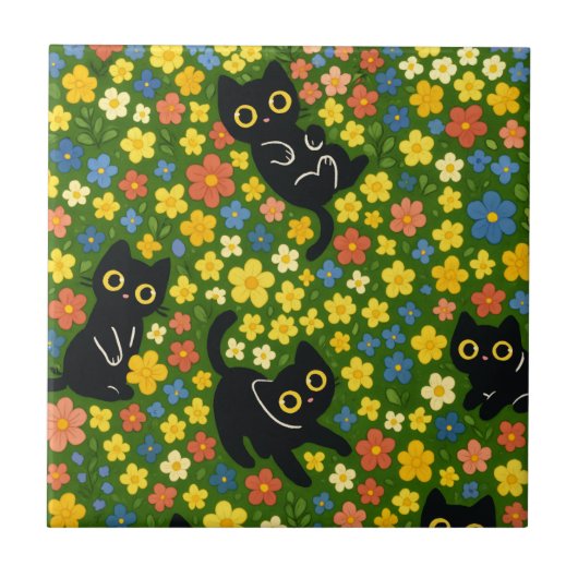 かわいい黒猫の花畑パターン タイル (正面)