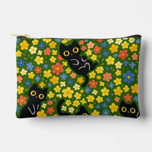 かわいい黒猫の花畑柄 アクセサリーポーチ (正面)