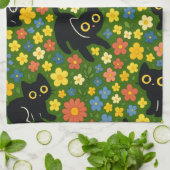 かわいい黒猫の花畑柄 キッチンタオル (折り畳み)