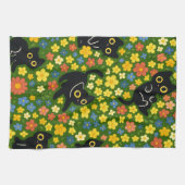 かわいい黒猫の花畑柄 キッチンタオル (横)