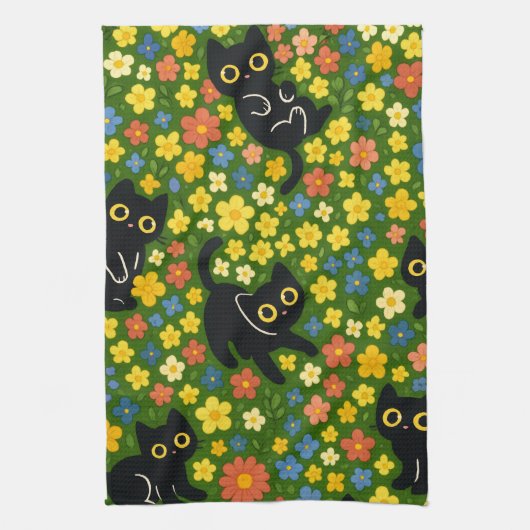 かわいい黒猫の花畑柄 キッチンタオル (縦)