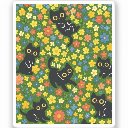 かわいい黒猫の花畑柄 シール (正面)